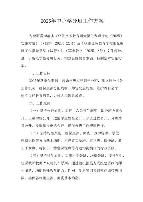 2025年开展《中小学分班》工作实施方案 汇编12份.docx