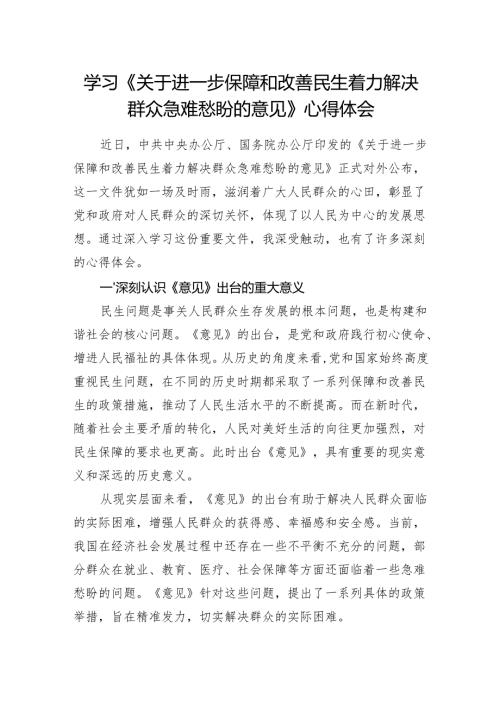 2025学习《关于进一步保障和改善民生着力解决群众急难愁盼的意见》心得体会研讨发言.docx