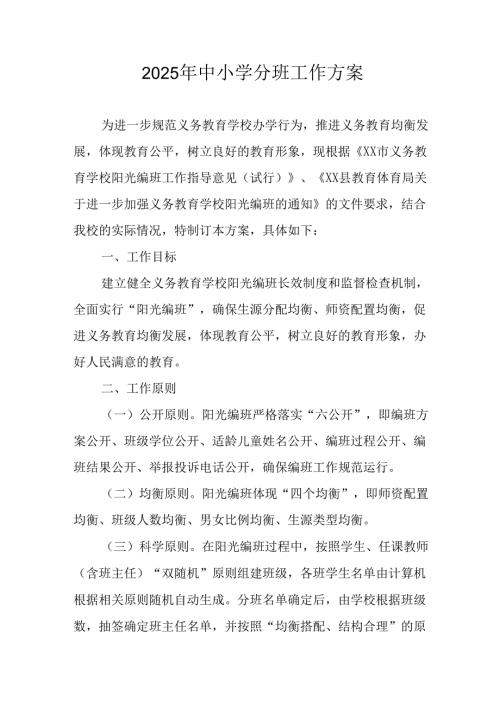 2025年开展《中小学分班》工作方案 汇编6份.docx